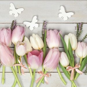 Servítky na dekupáž White & Pink Tulips on Wood - 1 ks